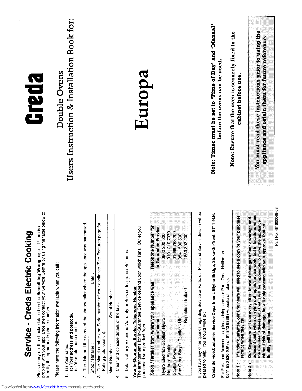 Creda HB48164, Europa Instruction And Installation Book