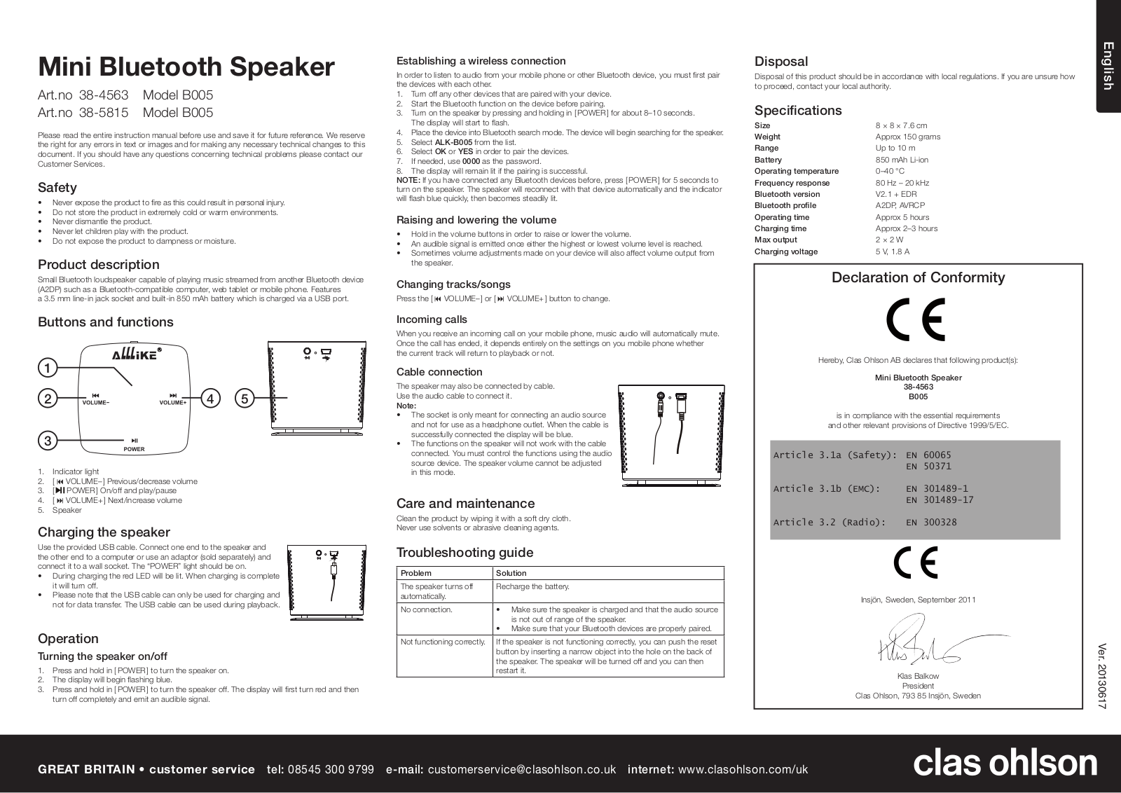 Clas Ohlson 38-4563, 38-5815, B005 Quick Start Manual