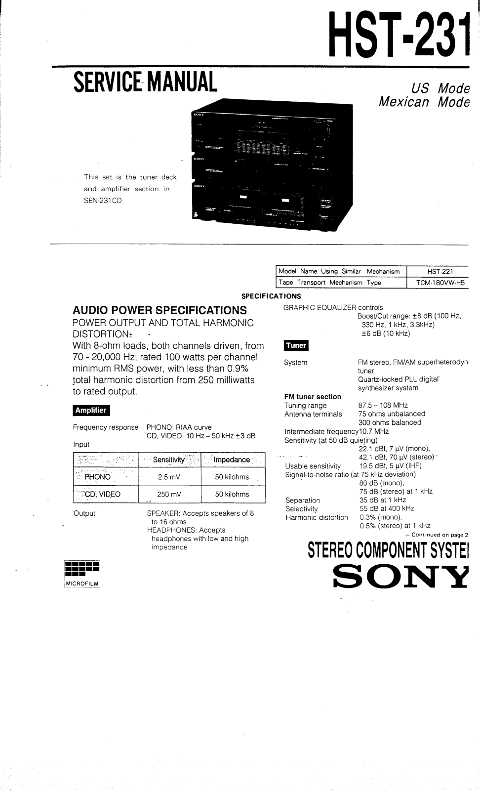 Sony HST231 OPERATING MANUAL