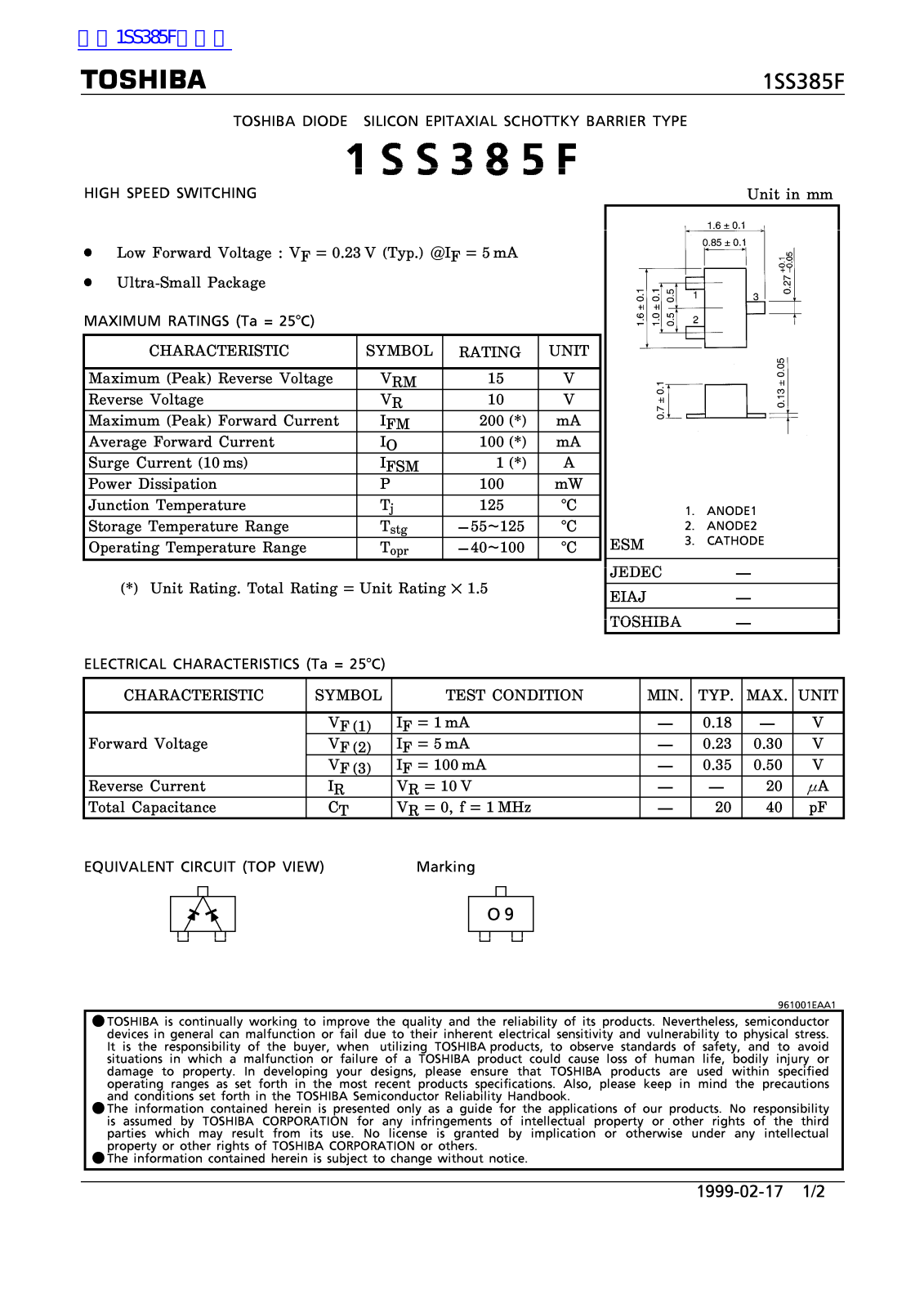 TOSHIBA 1SS385F Technical data