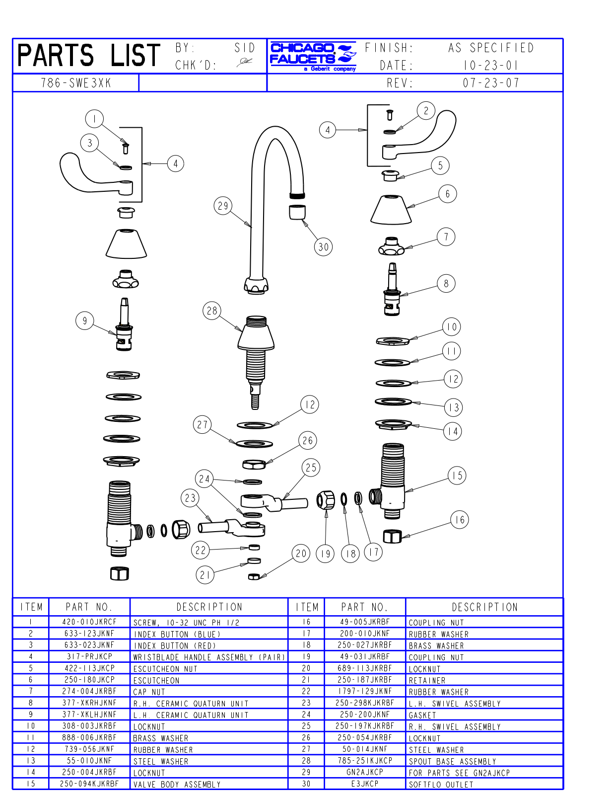 Chicago Faucet 786-SWE3XKCP Parts List