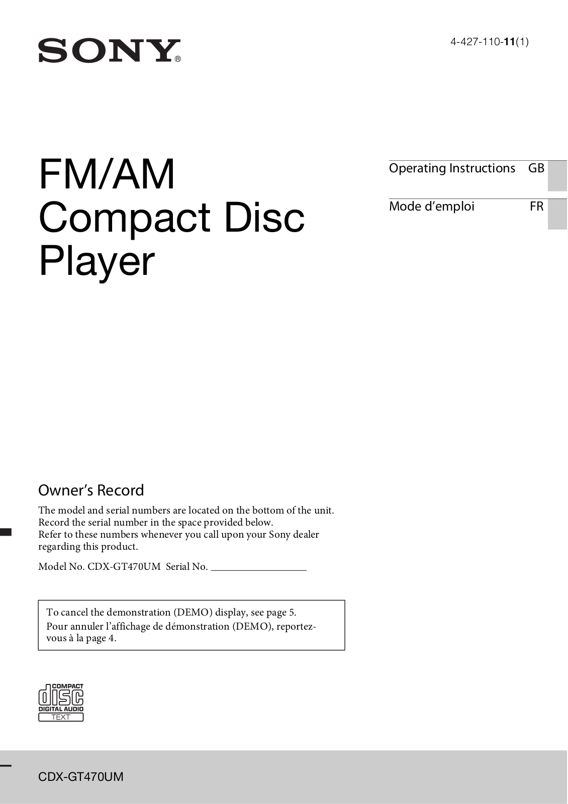 Sony CDX-GT470UM Operating Instruction