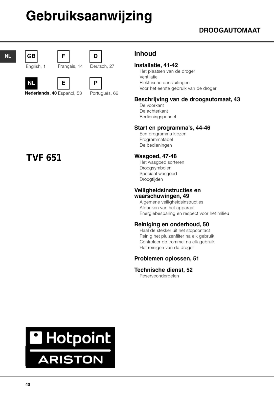 Hotpoint Ariston TVF 651 EU/HA User Manual