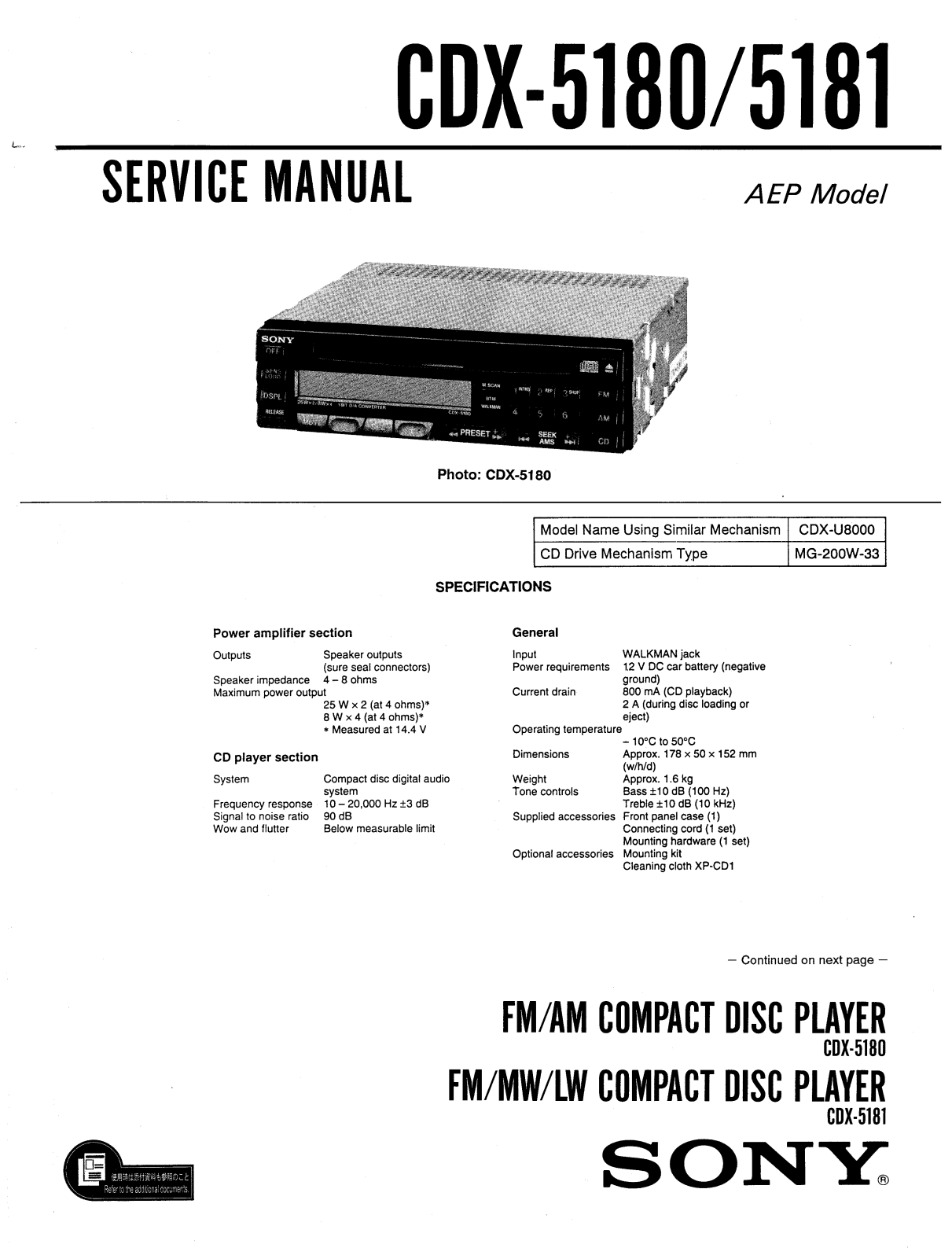 Sony CDX5180, CDX5181 FULL SERVICE MANUAL