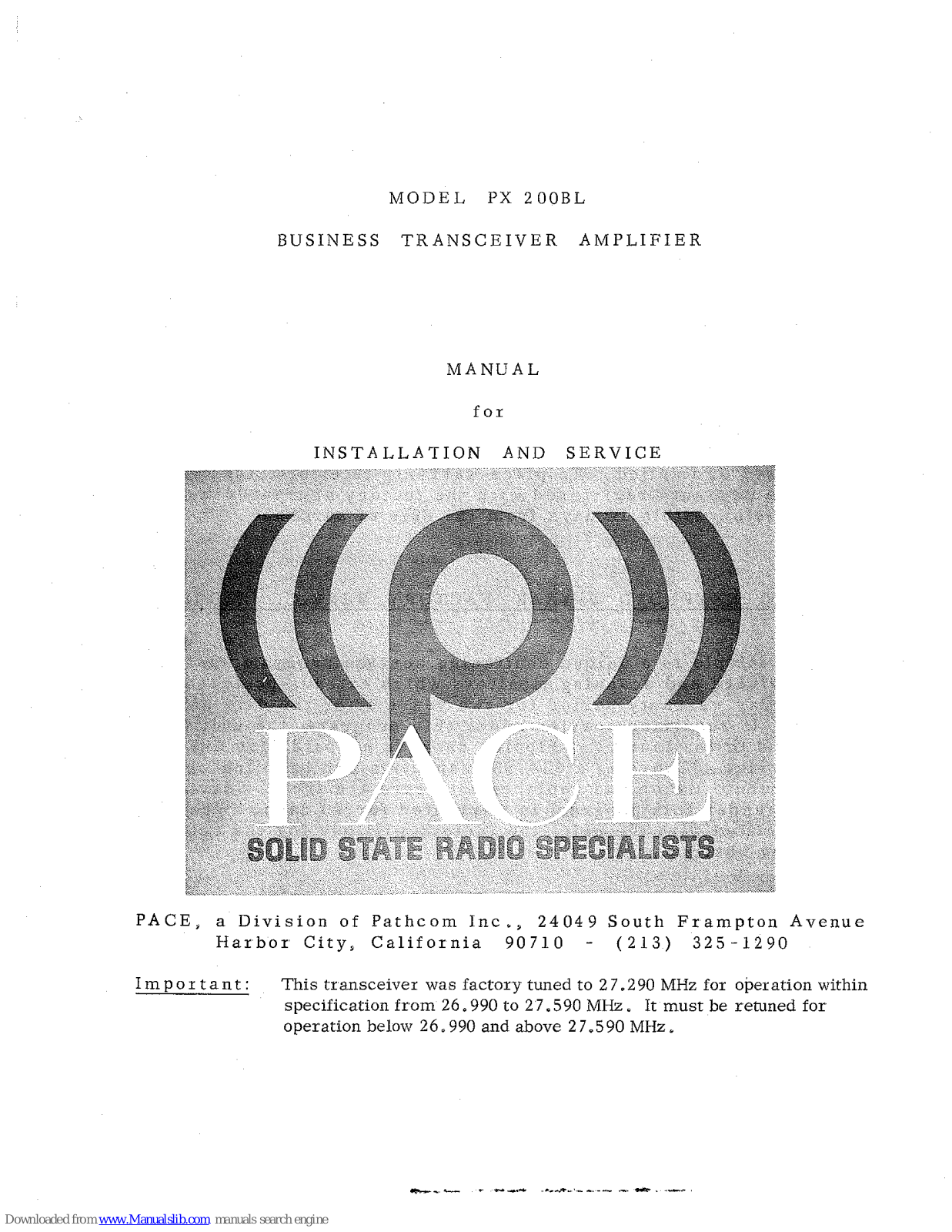 Pace PX 200BL Manual For Installation