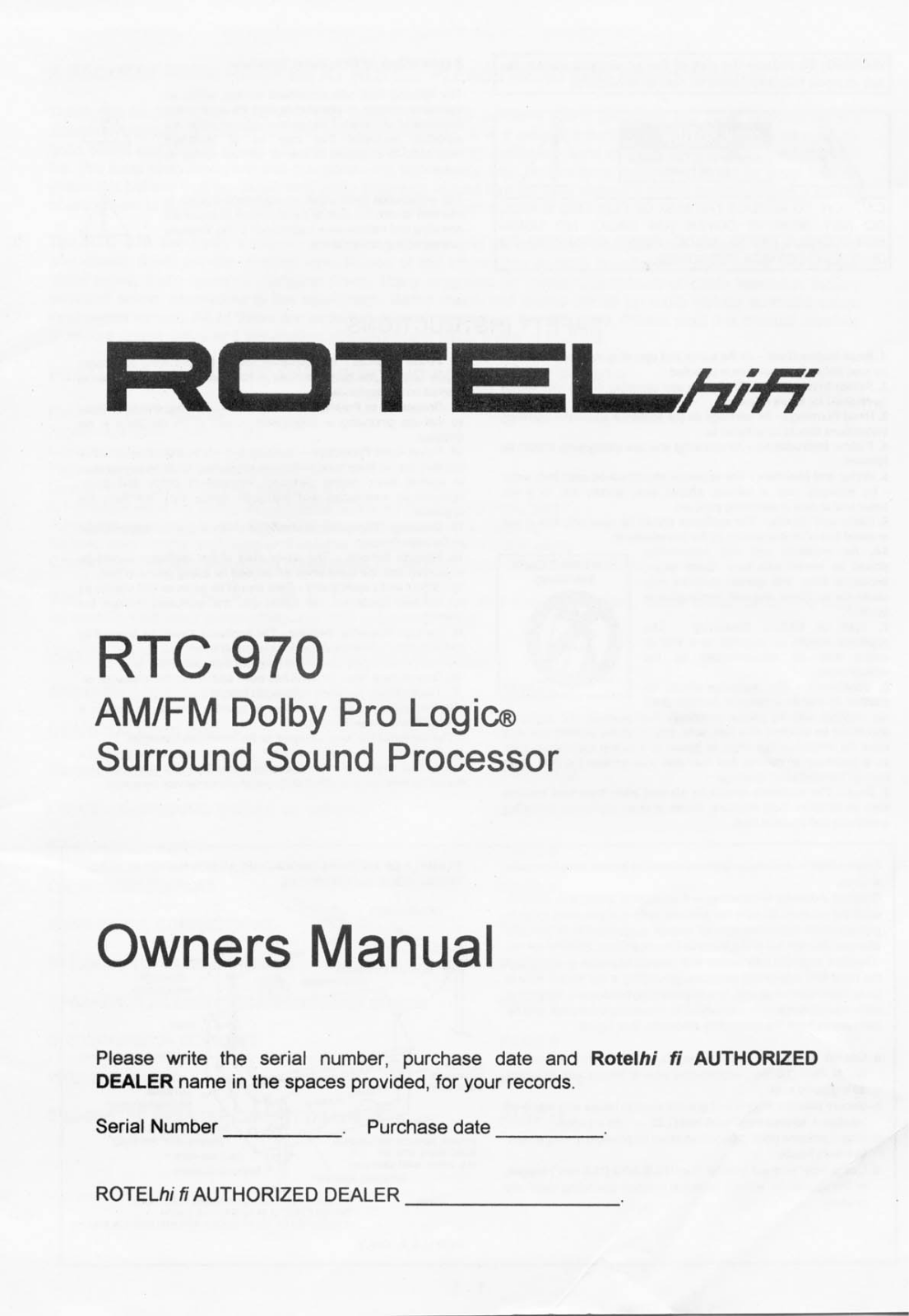 Rotel RTC 970 User Manual