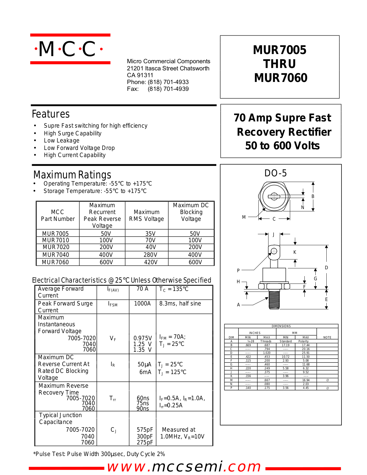 MCC MUR7060, MUR7010, MUR7040, MUR7020, MUR7005 Datasheet