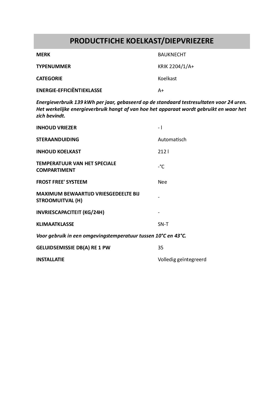 Whirlpool KRIK 2204/1/A PRODUCT SHEET