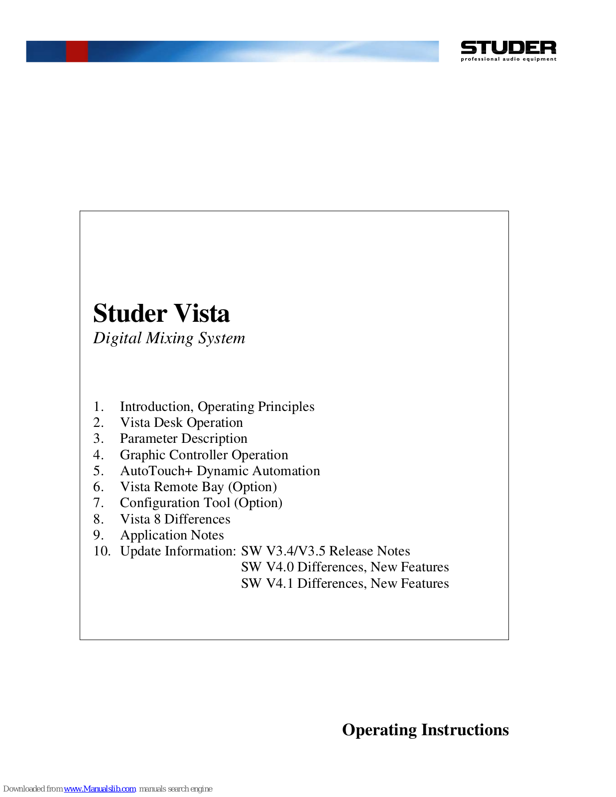 Studer Vista Operating Instructions Manual