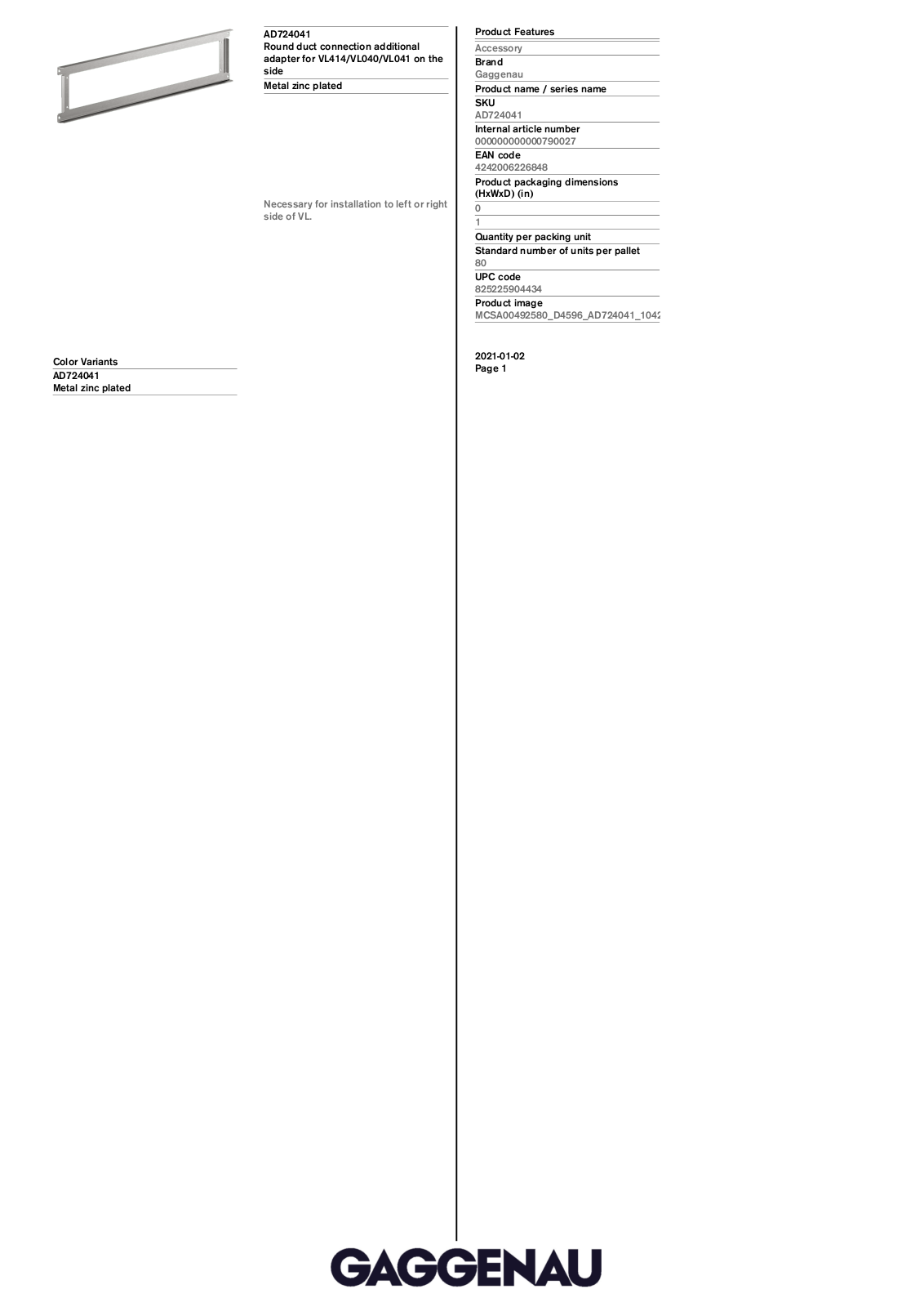 Gaggenau AD724041 Specification Sheet