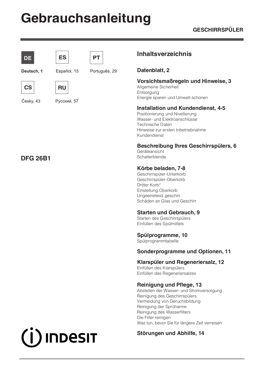 Indesit DFG 26B1 User Manual