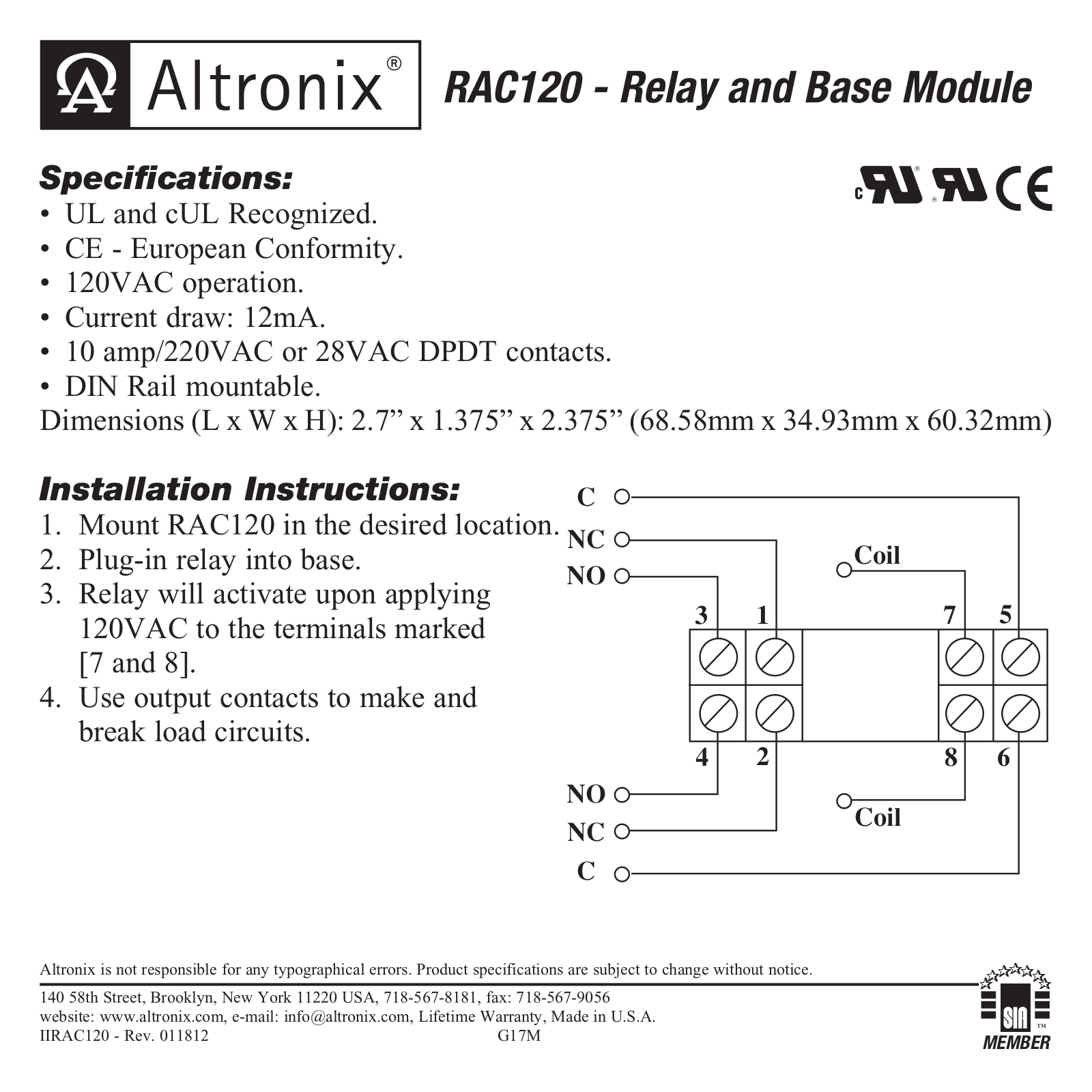 Altronix RAC120 Installation Manual