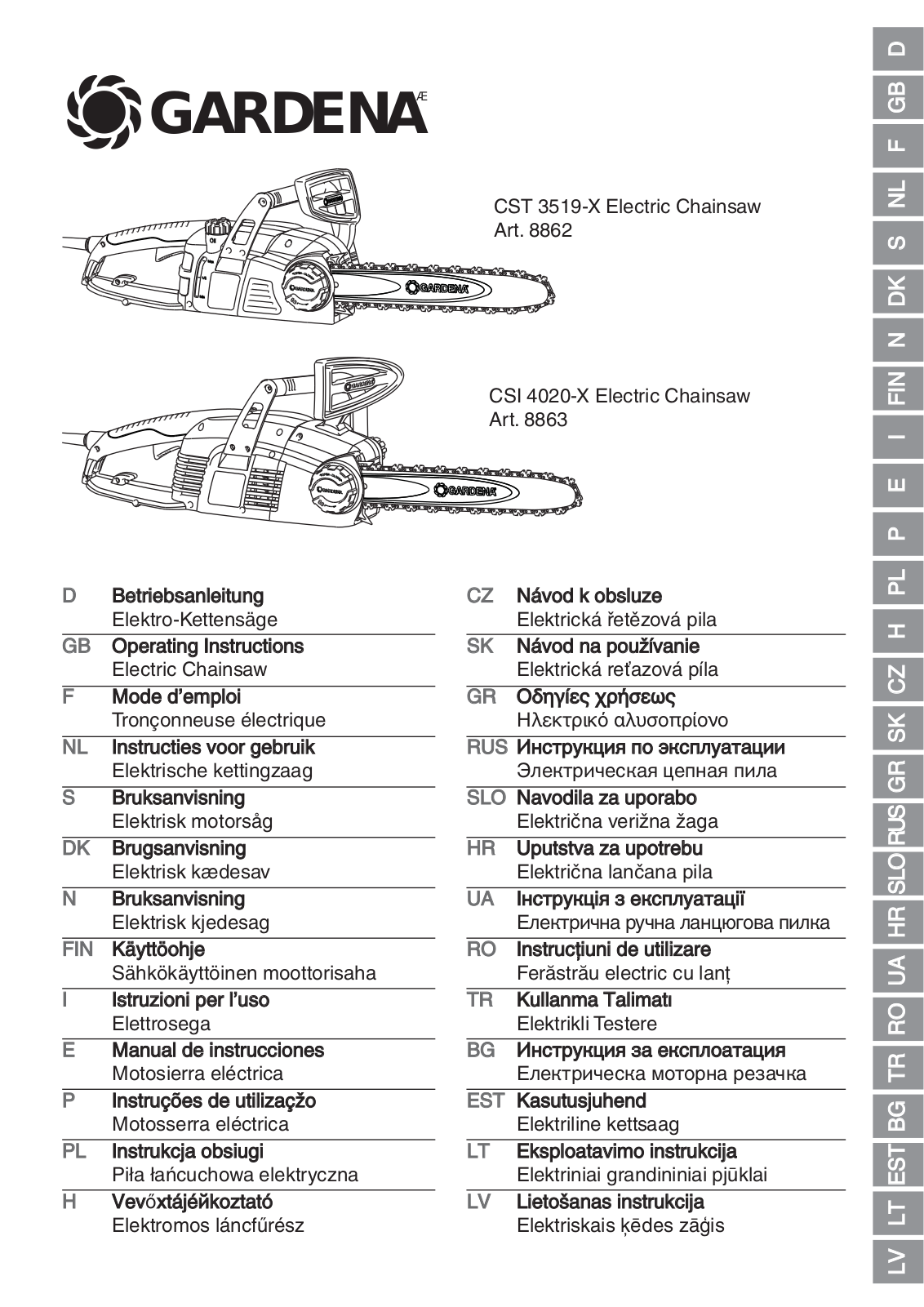 GARDENA CST 3519-X Electric Chainsaw, CSI 4020-X Electric Chainsaw Operating Instructions