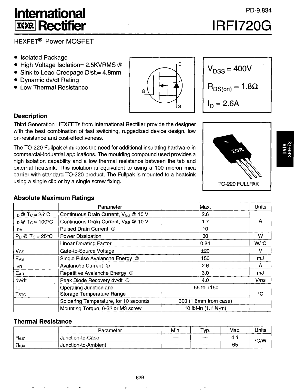 International Rectifier IRFI720G Datasheet