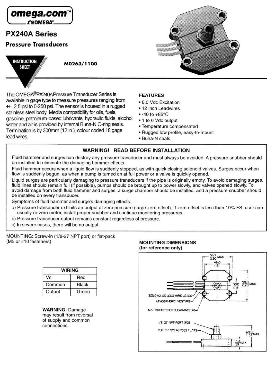 Omega Products PX240A Installation  Manual