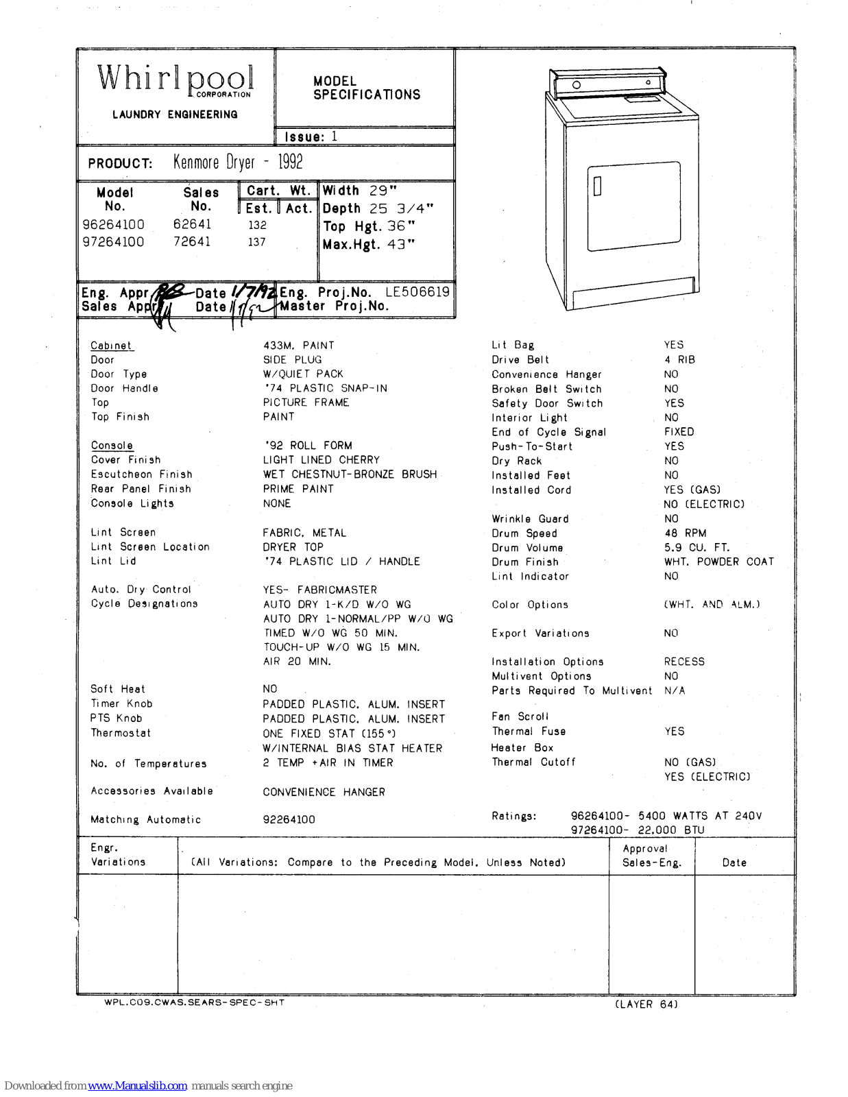 Kenmore Whirpool 1992 96264100, 96264100, 97264100 Model Specifications - ManualMachine.com