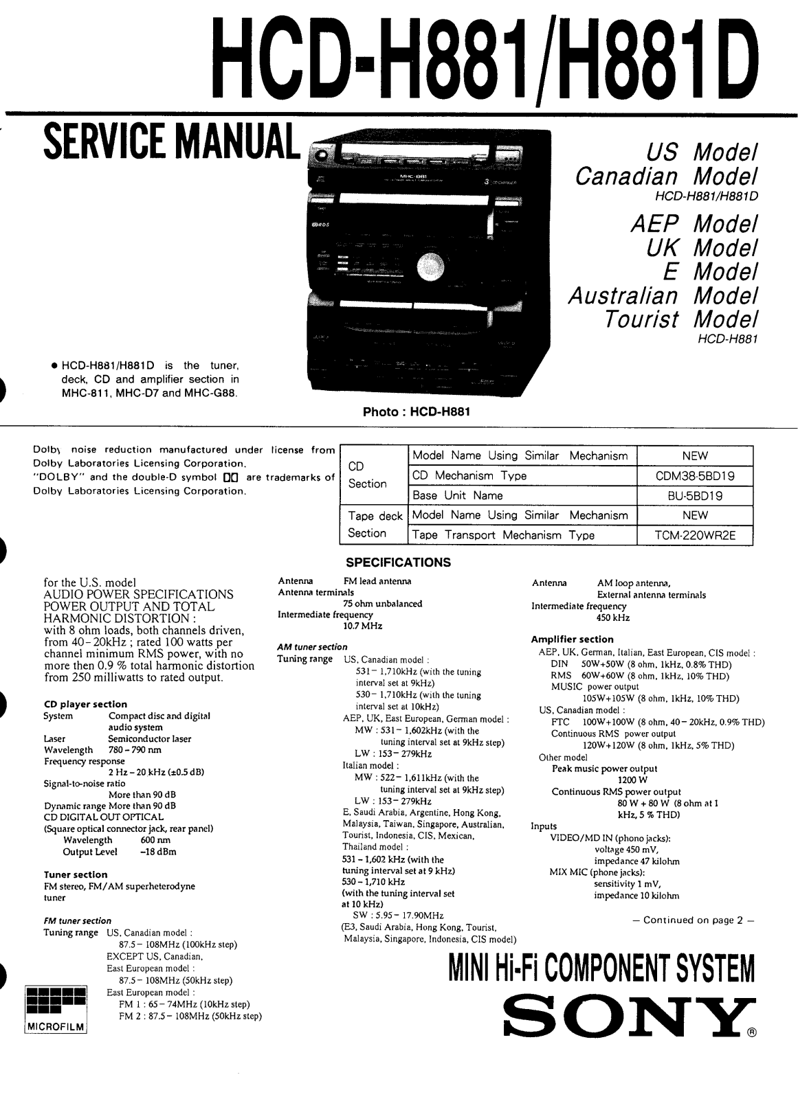 Sony HCD-H881, HCD-H881D Service Manual