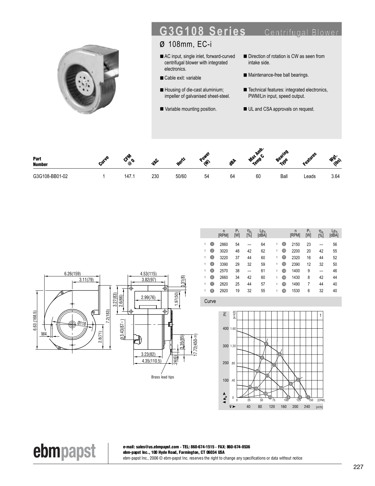 ebm-papst Centrifugal Blower Series G3G108 Catalog Page