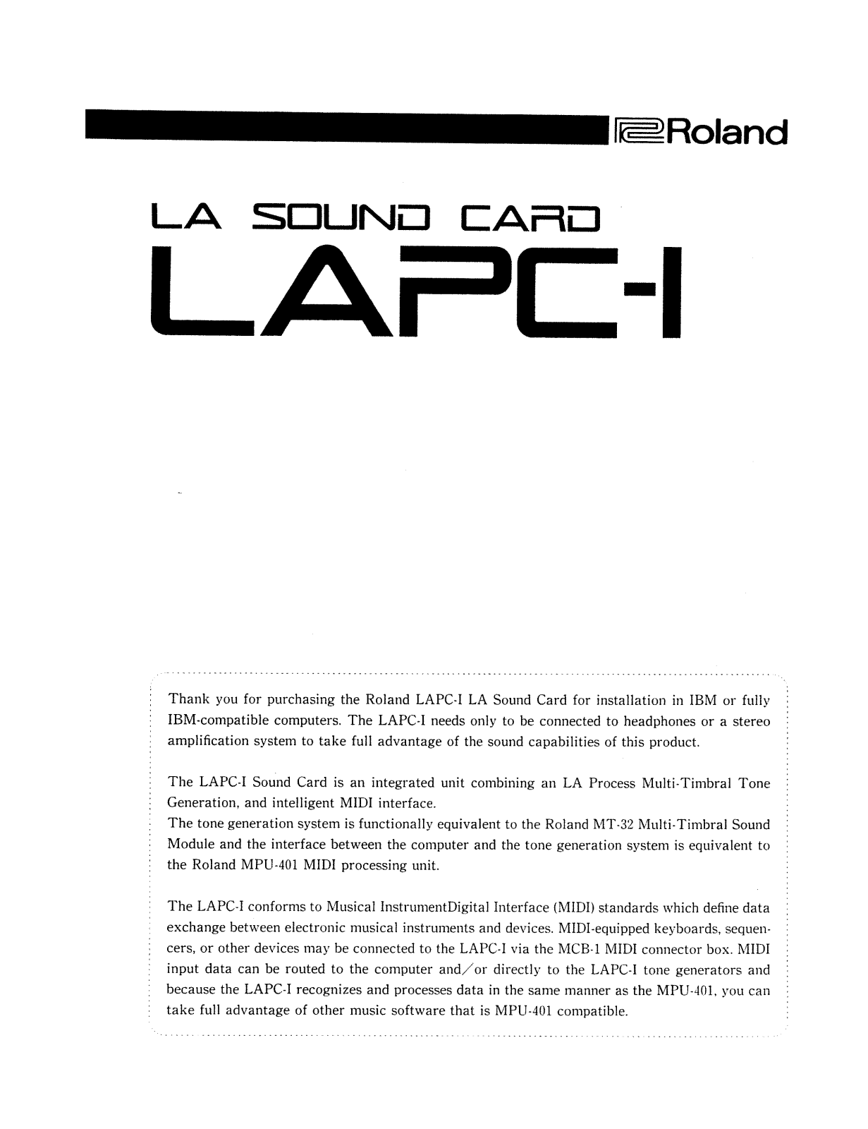 Roland Corporation LAPC-1 Owner's Manual