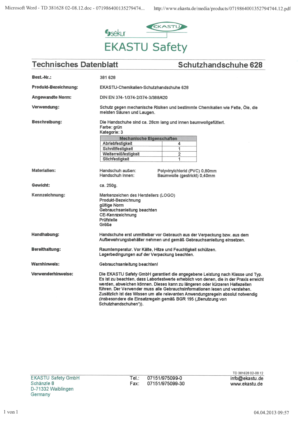 Datasheet HS DIN 374 Datasheet (FREI) - ManualMachine.com