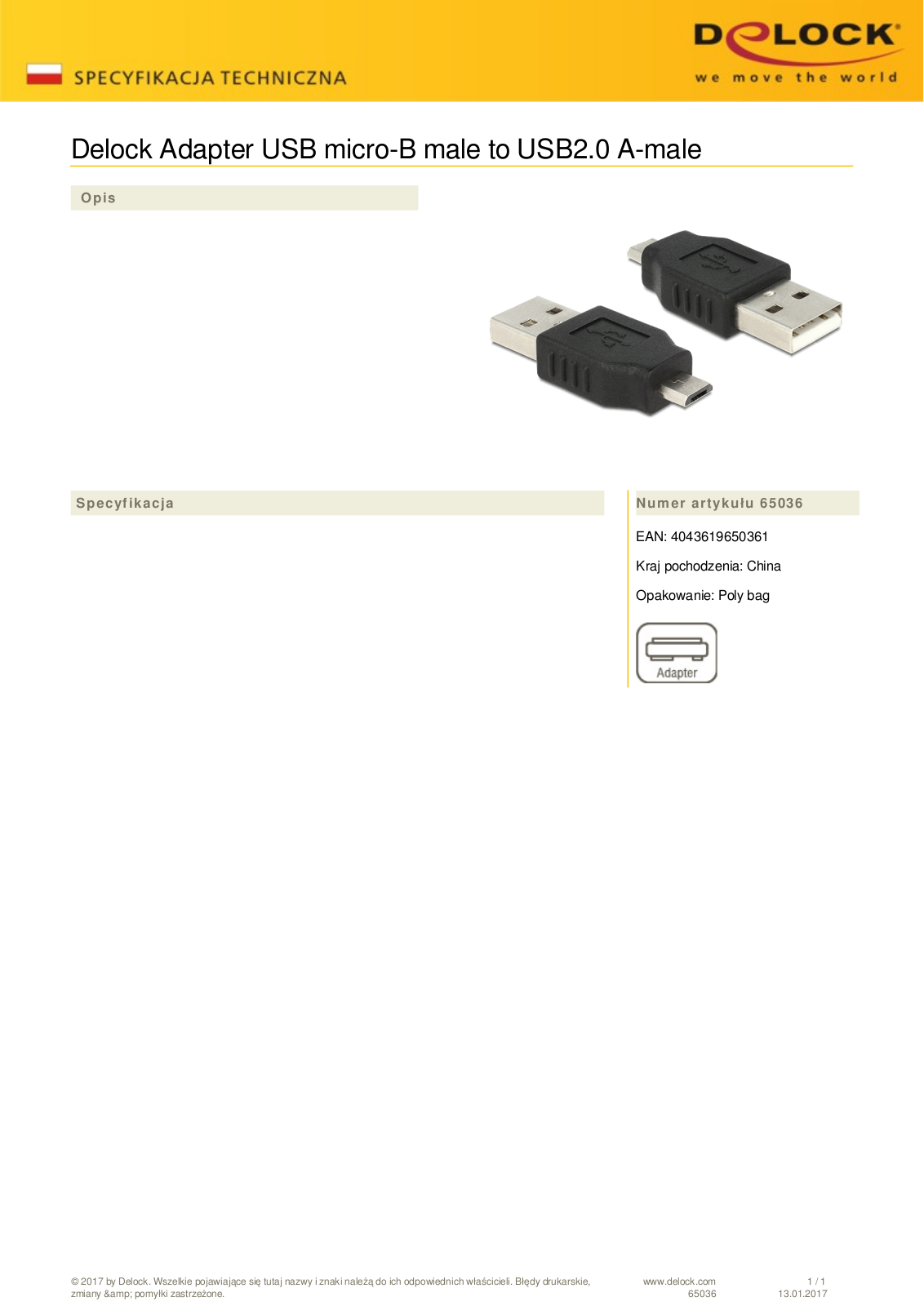 DeLOCK USB 2.0 adapter, micro-B  plug  to USB-A  plug User Manual