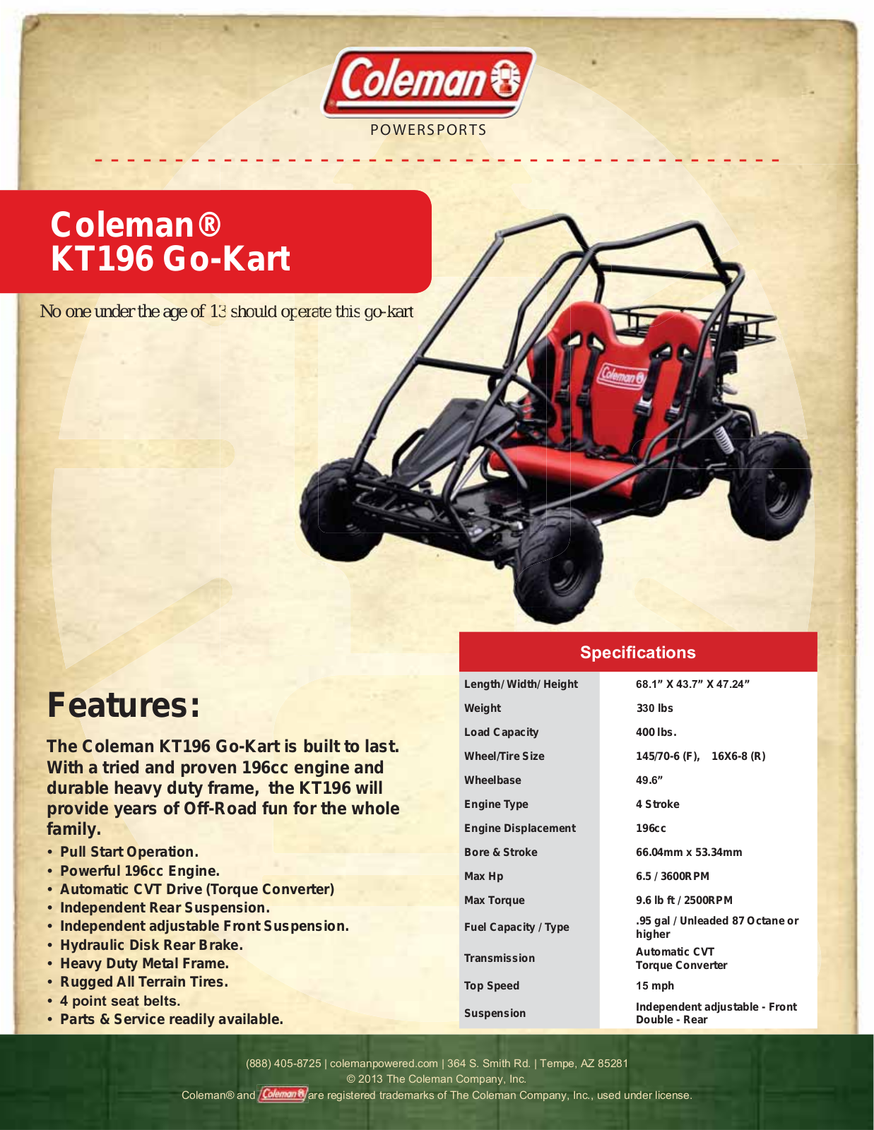 Coleman KT196 Go-Kart Specifications