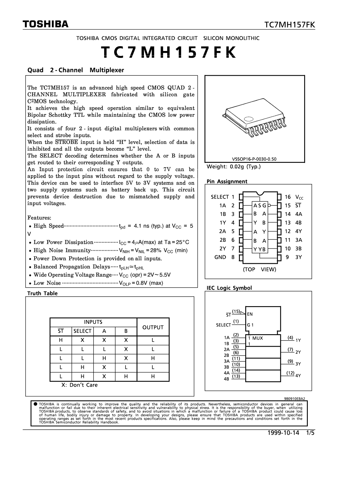 Toshiba TC7MH157FK Datasheet