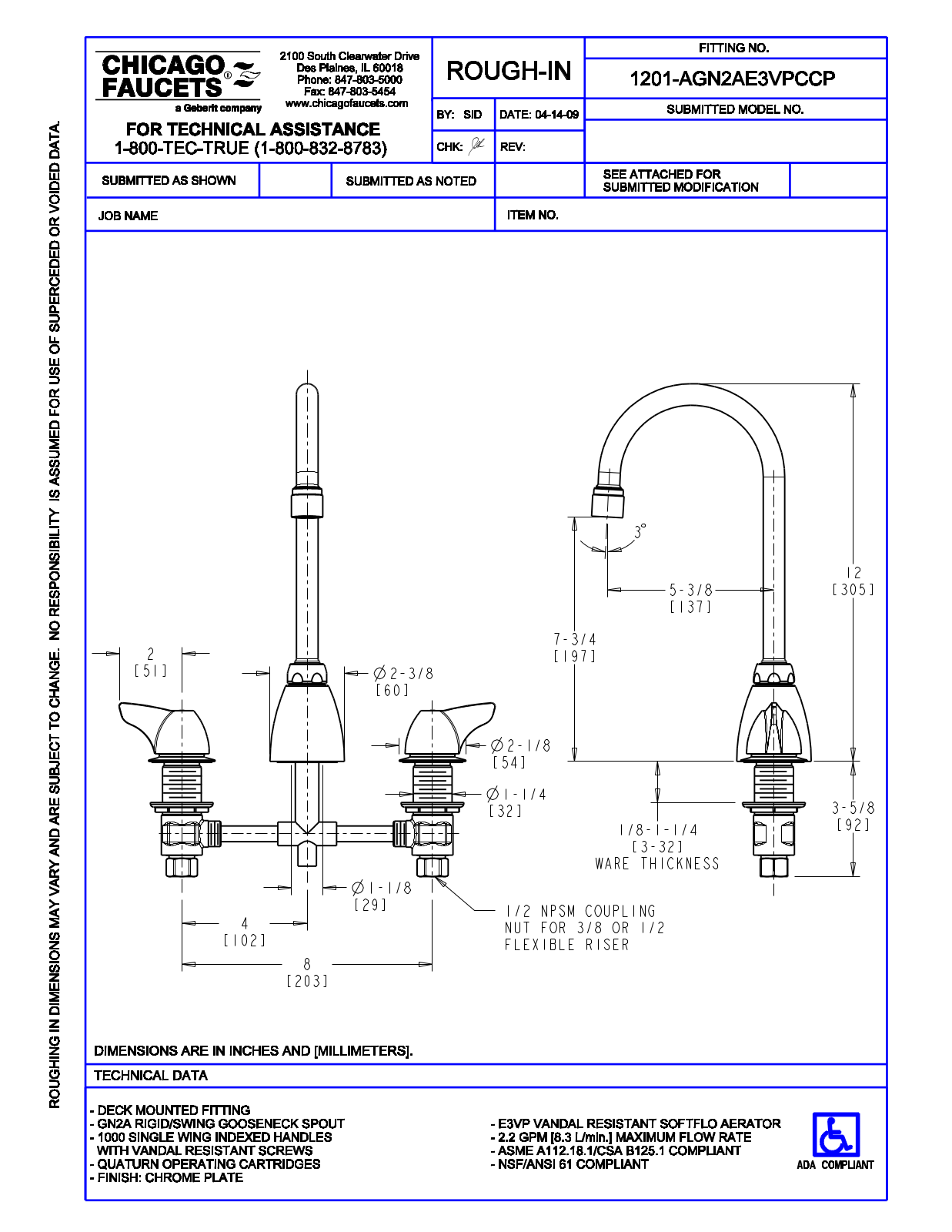 Chicago Faucet 1201-AGN2AE3VPC User Manual