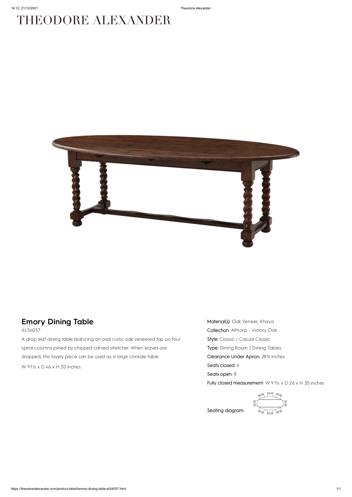 Theodore Alexander FPLJ3833 Specifications - ManualMachine.com