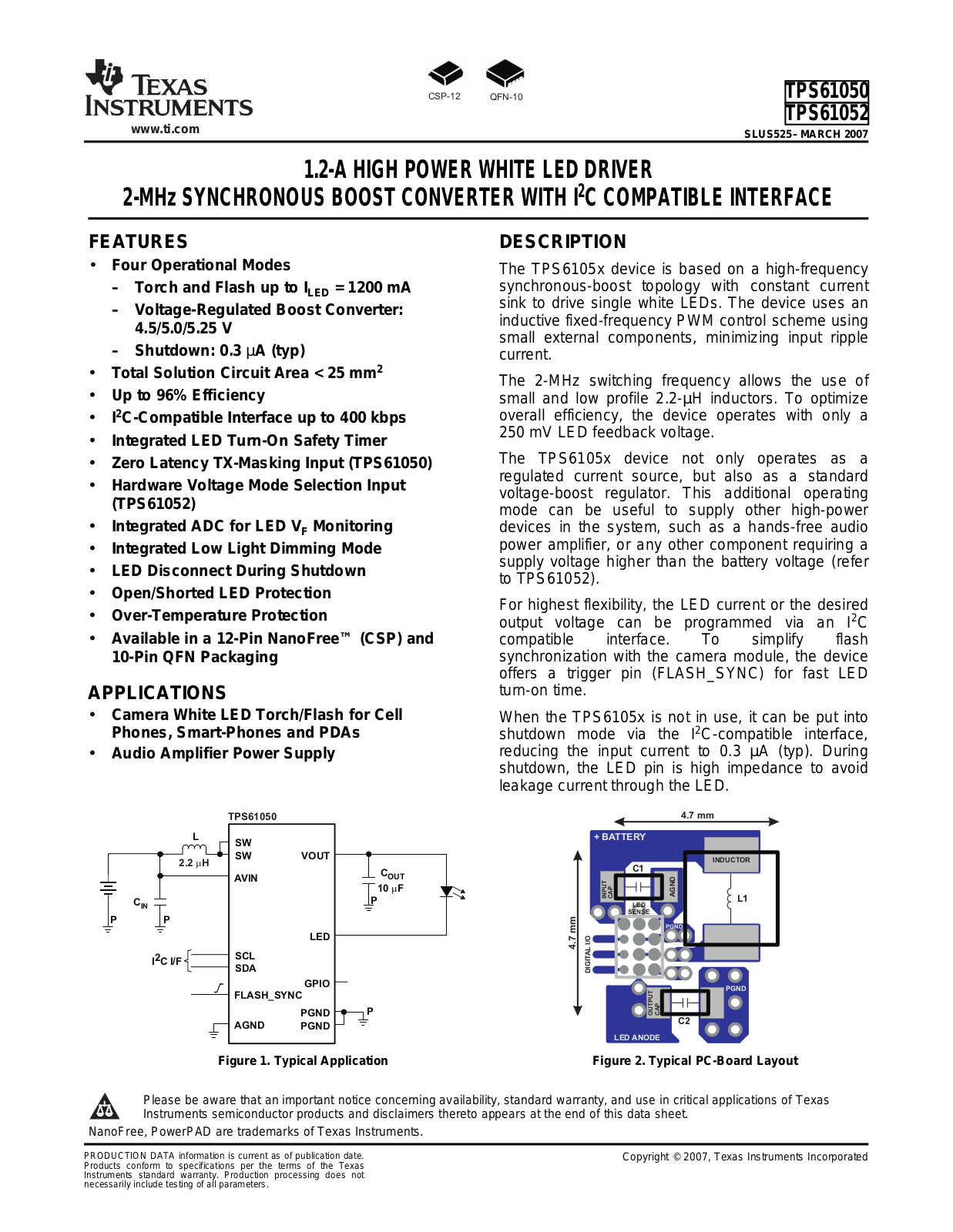 TEXAS INSTRUMENTS TPS61050, TPS61052 Technical data