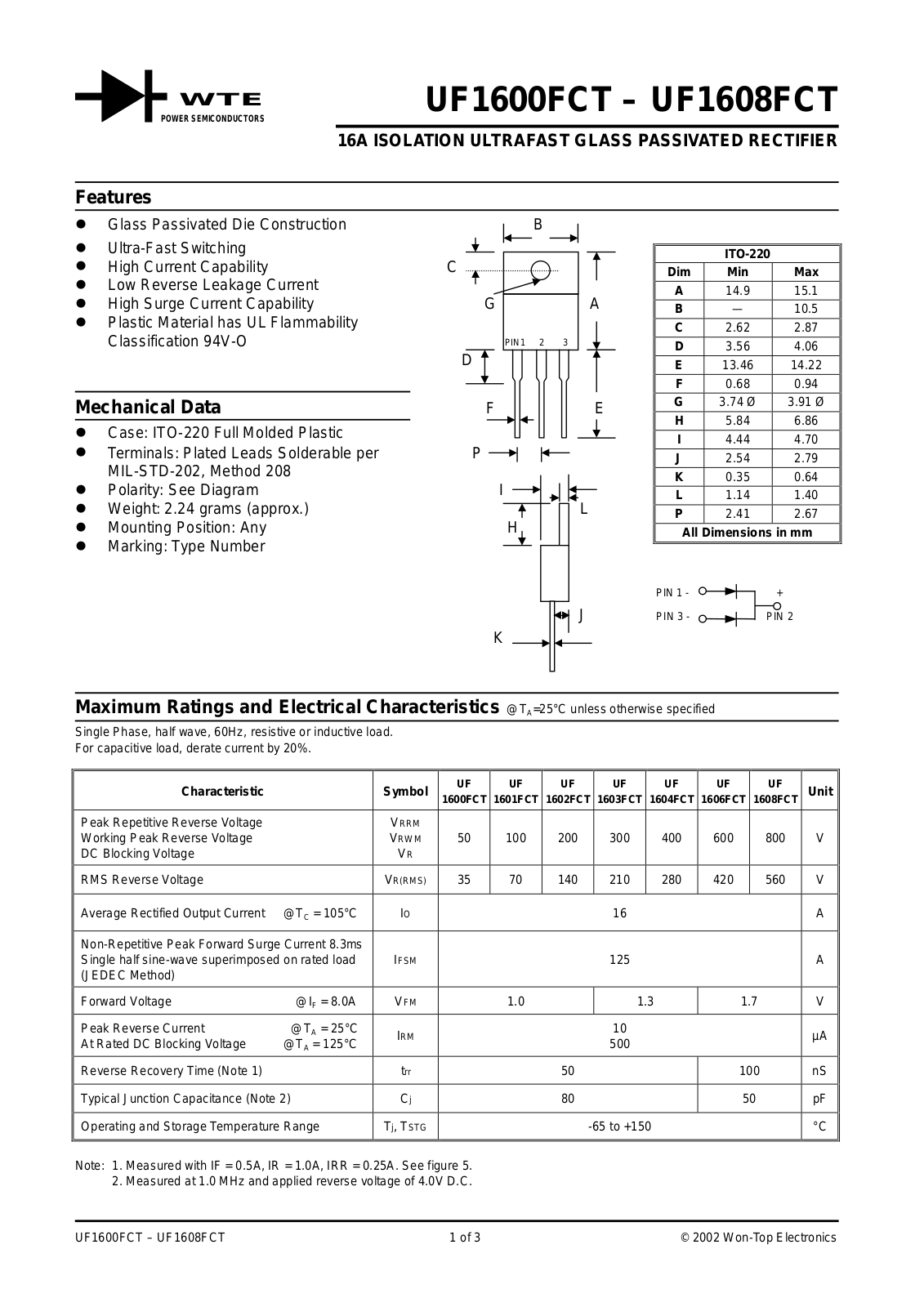 WTE UF1608FCT, UF1603FCT, UF1602FCT, UF1600FCT, UF1606FCT Datasheet