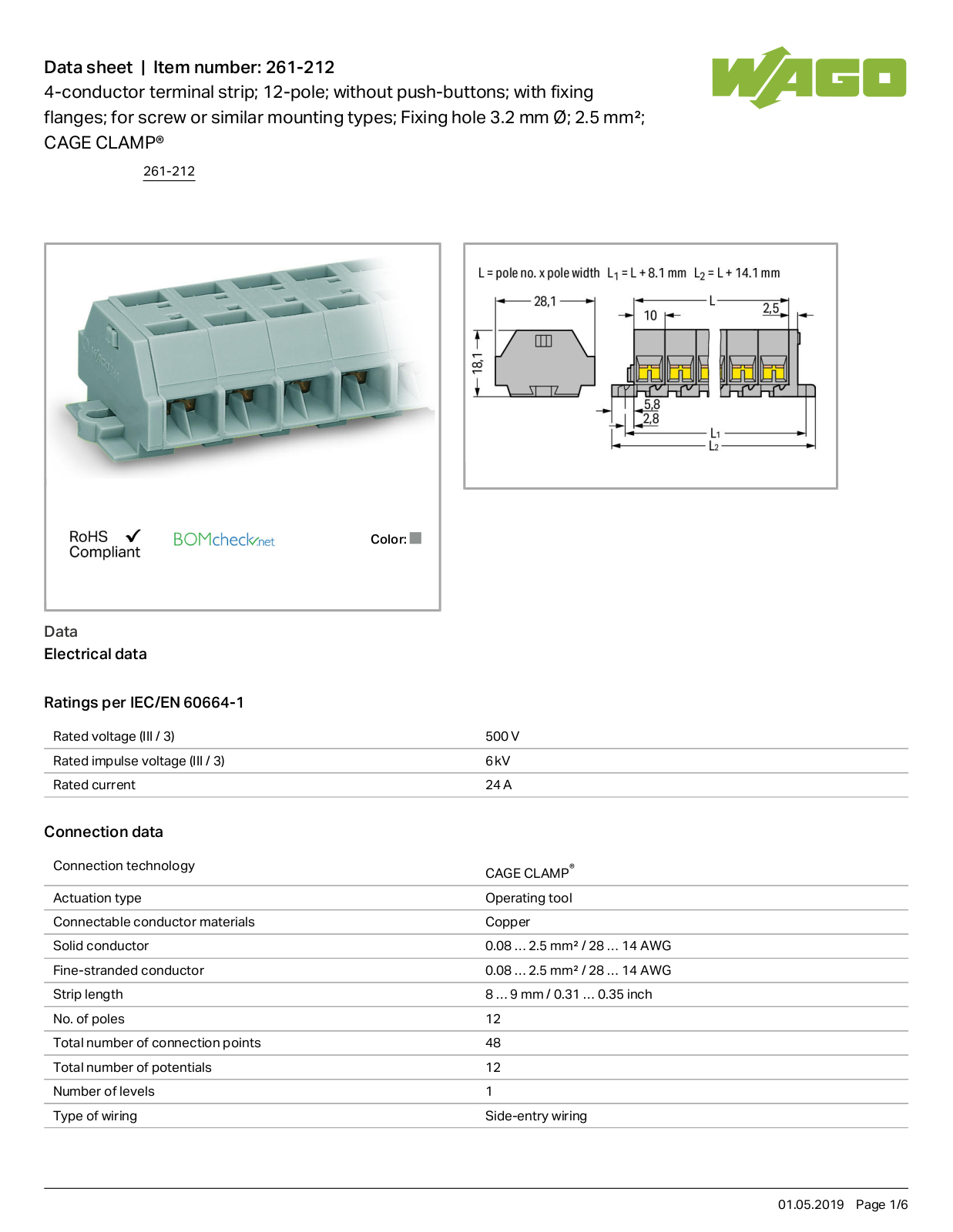 Wago 261-212 Data Sheet