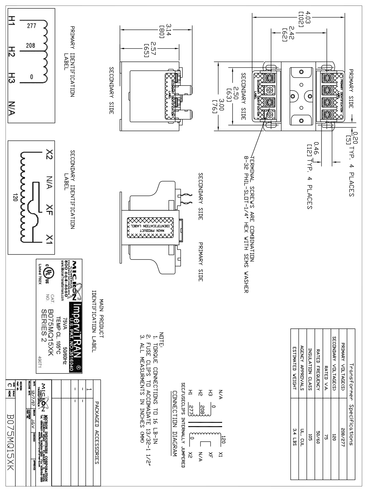 Micron Industries B075MQ15XK Specification Sheet