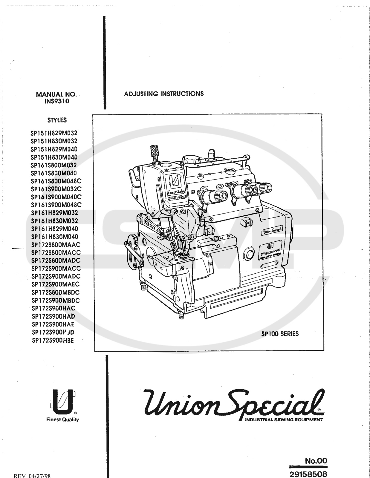 Union Special INS9310 Parts Book