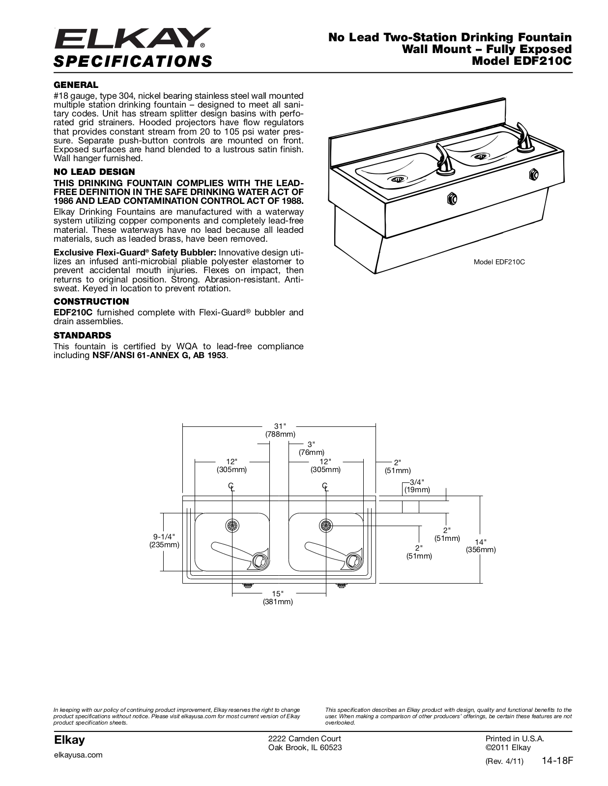 Elkay EDF210C Specifications