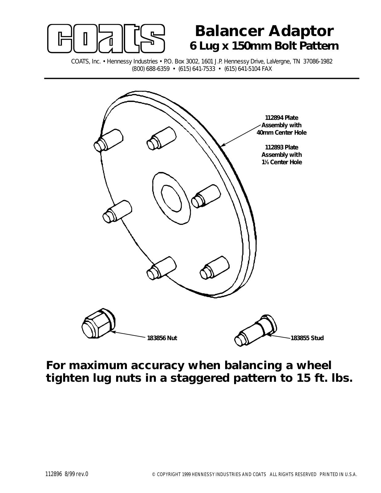 COATS Balancer Adapter, 6 lug x 150mm Bolt Pattern User Manual