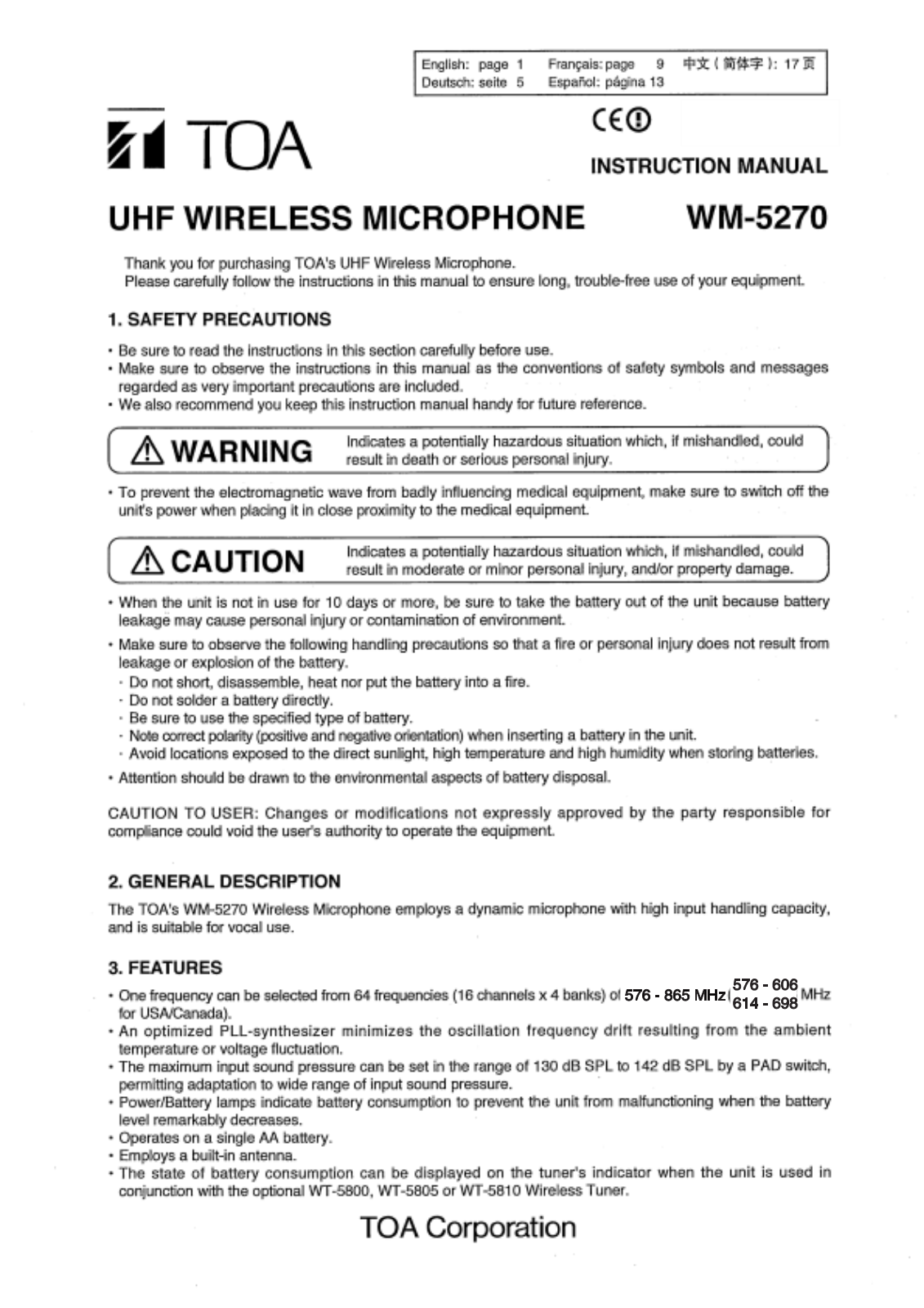 TOA WM-5270B User Manual