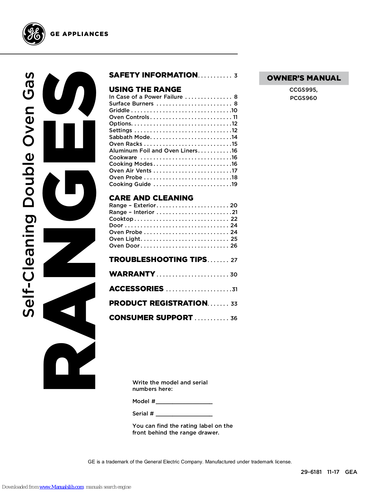 GE CCGS995, PCGS960 Owner's Manual