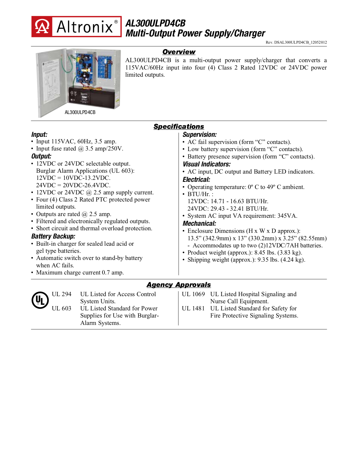 Altronix AL300ULPD4CB Specsheet