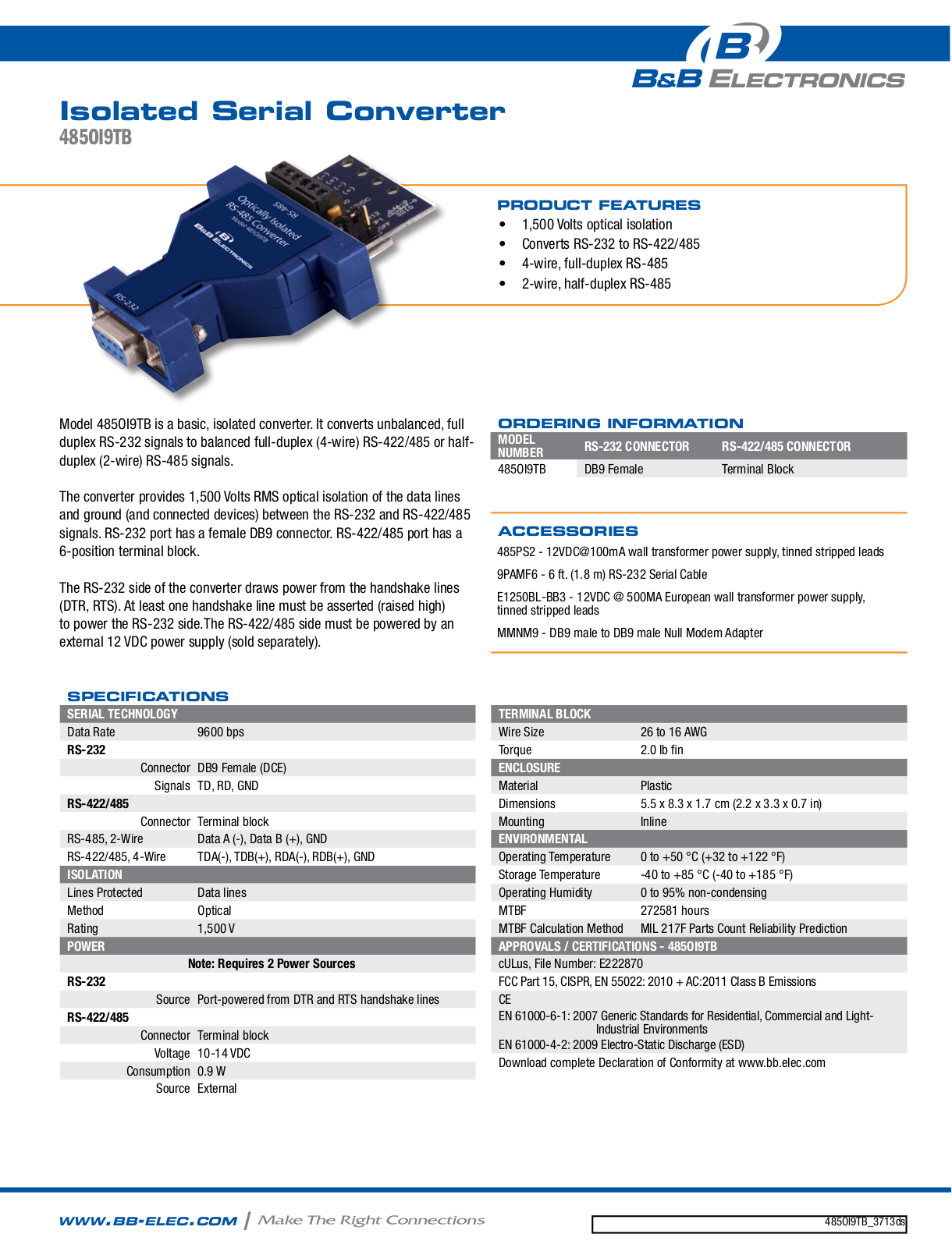 B&B Electronics 485OI9TB Datasheet