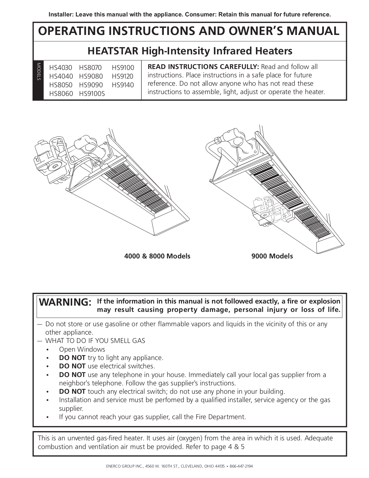 Heatstar HS4030, HS8070, HS9100, HS4040, HS9080 User Manual