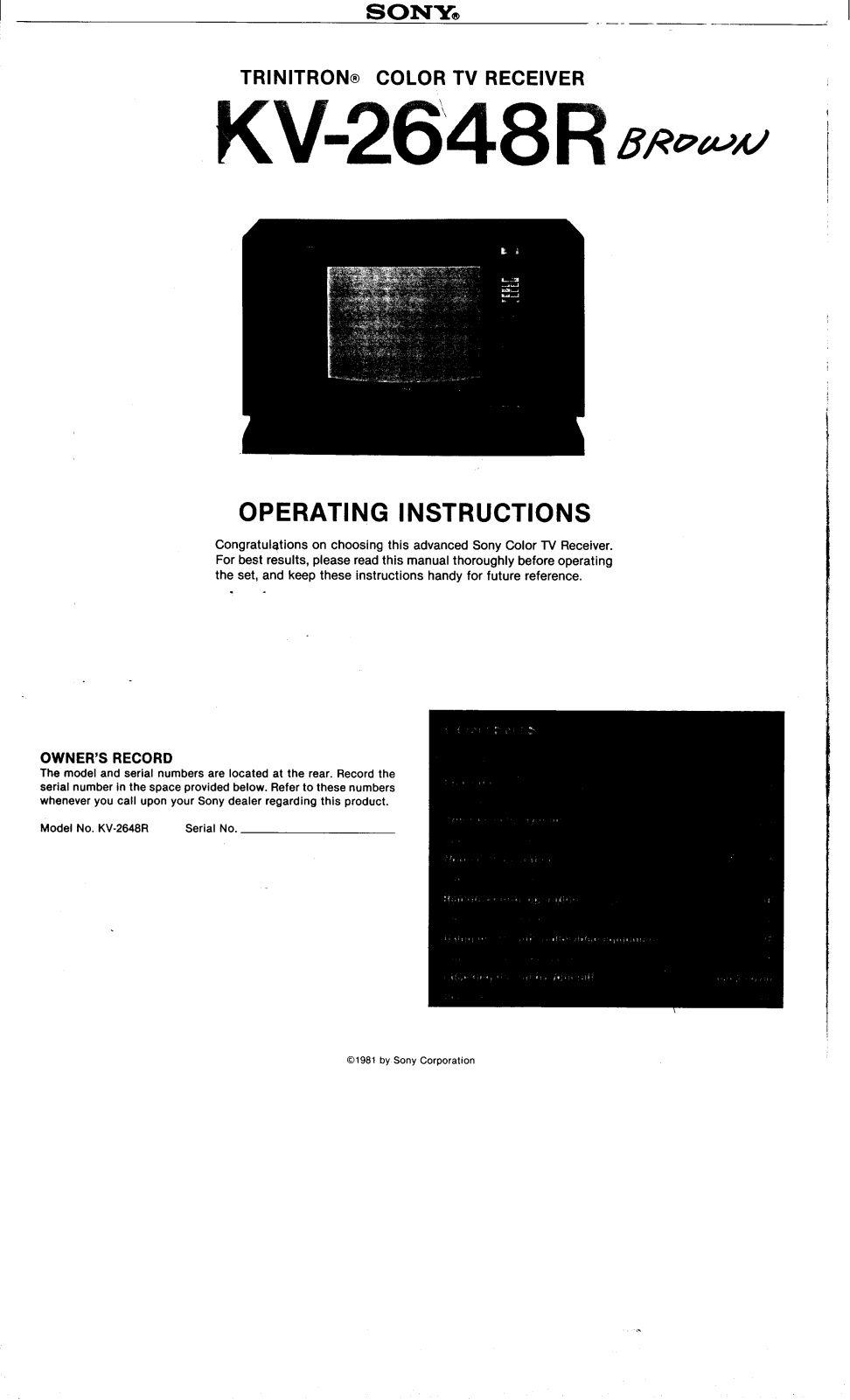 Sony KV-2648R Primary User Manual