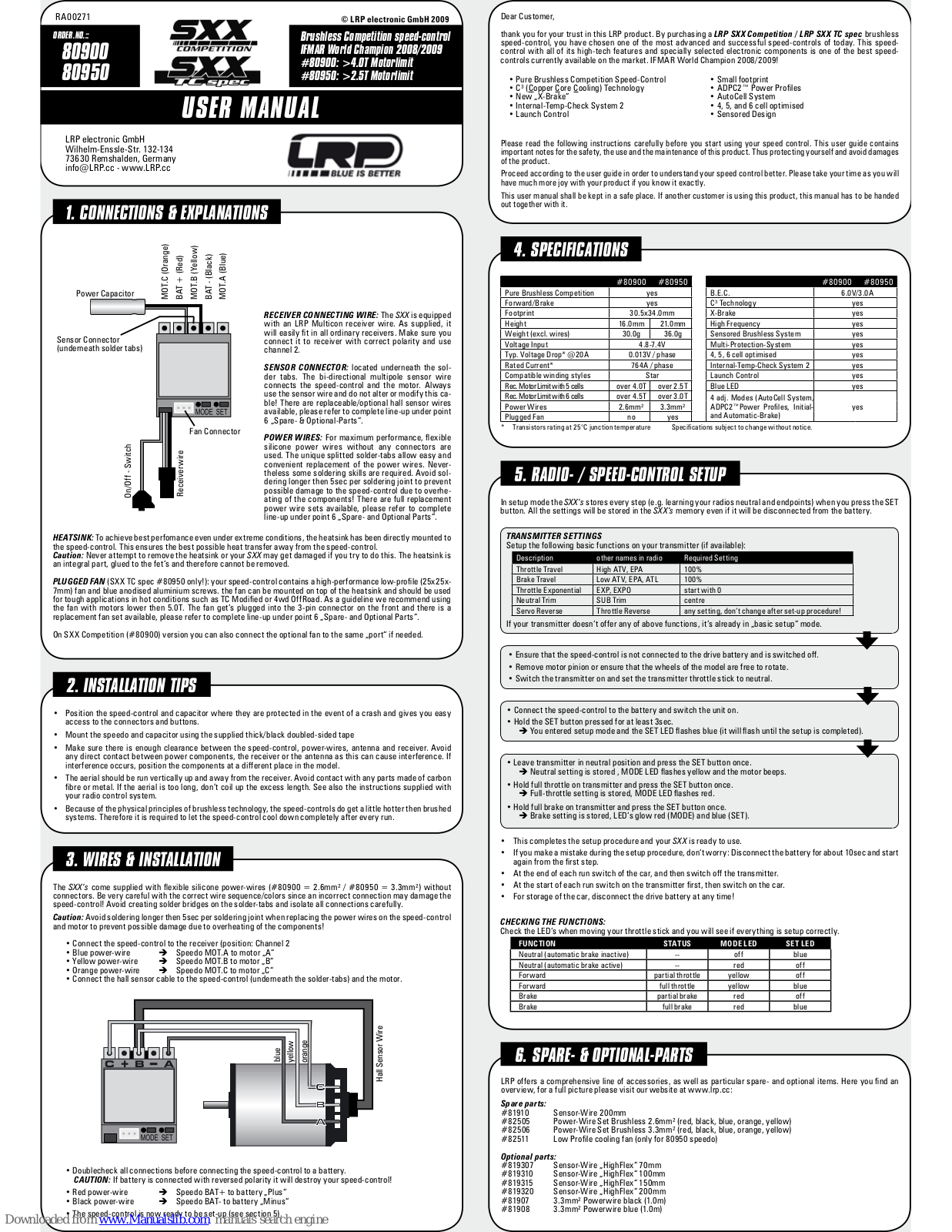 LRP electronic SXX Competition, SXX TC spec, 80900, 80950 User Manual - ManualMachine.com