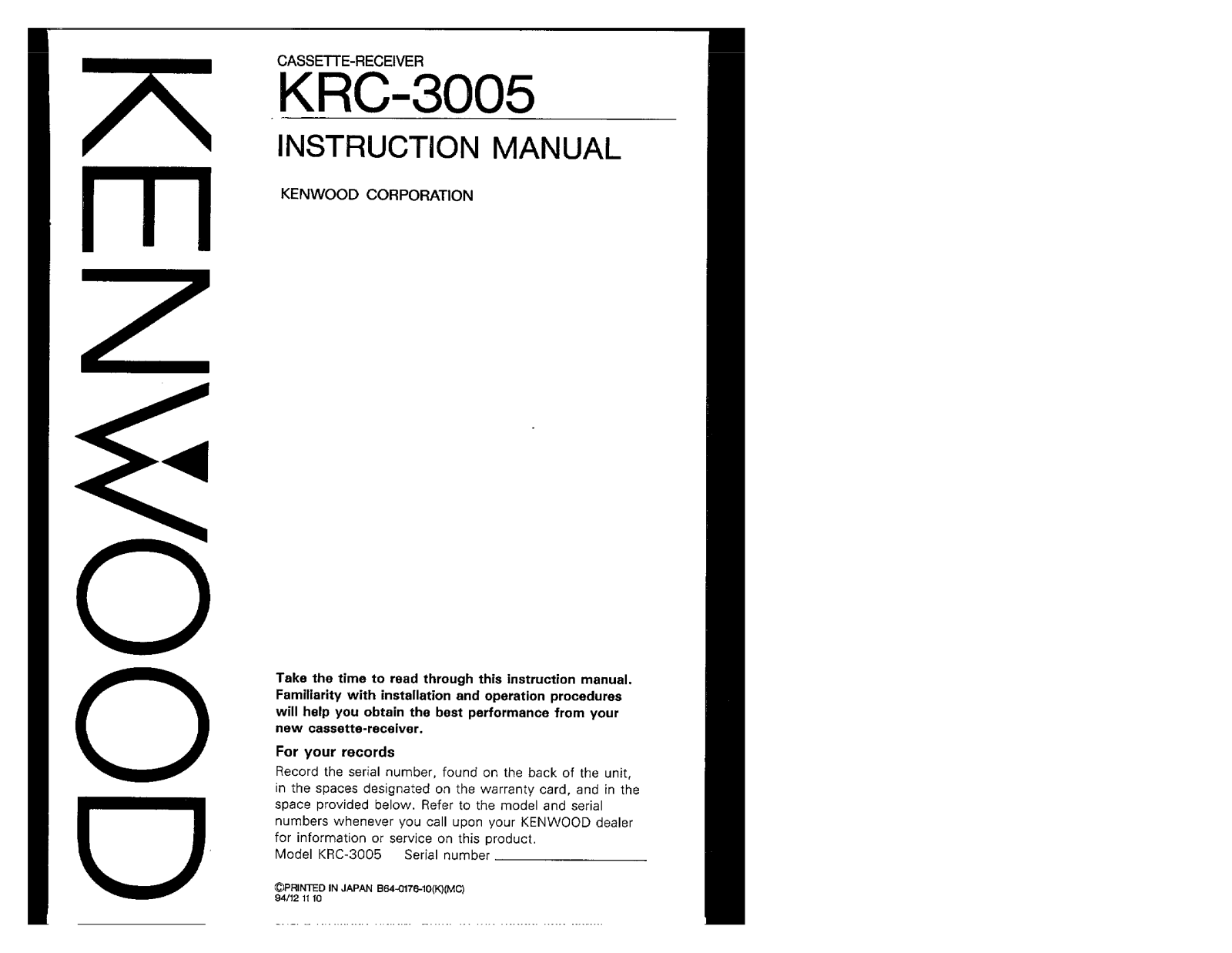 Kenwood KRC-3005 Owner's Manual