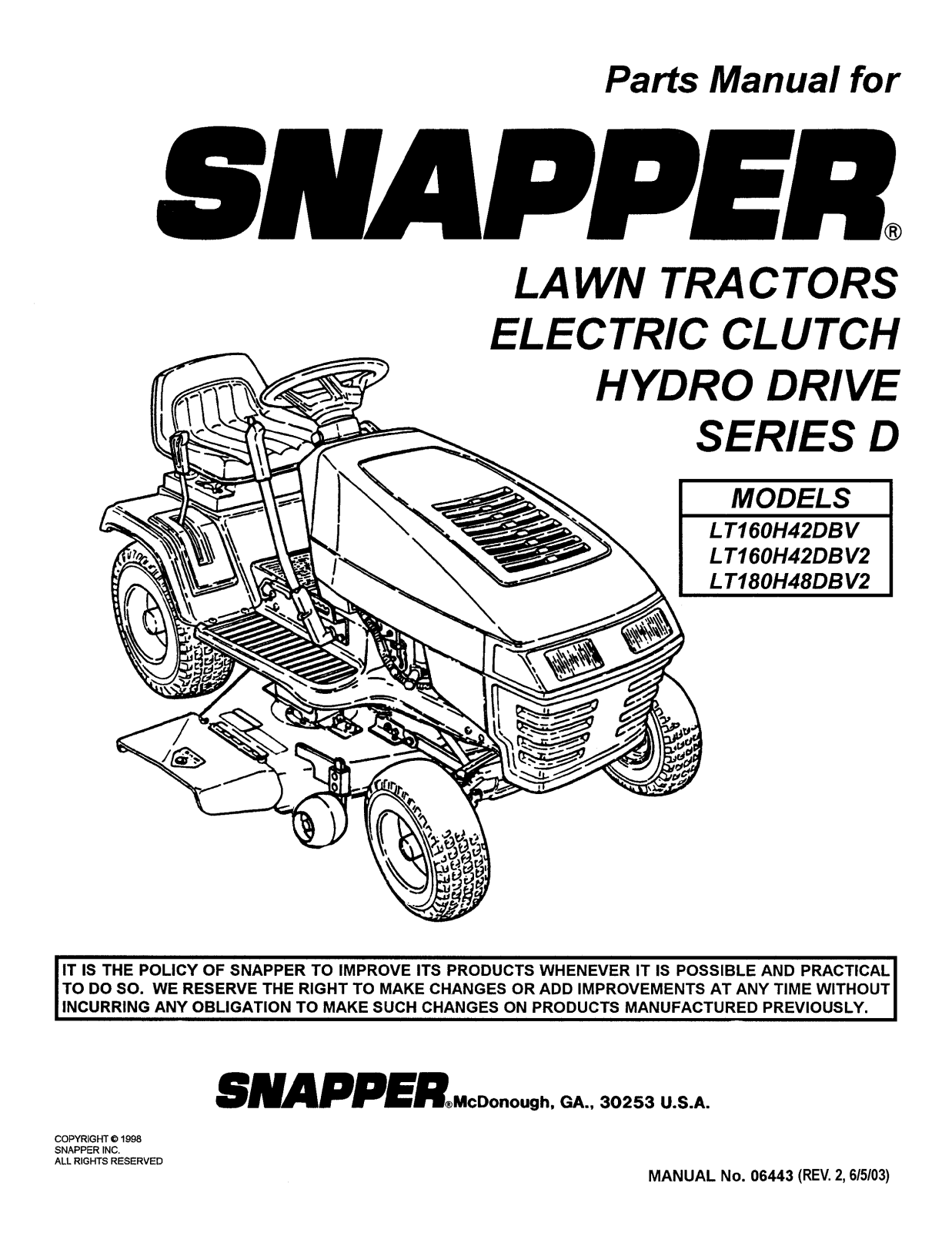 Snapper LT180H48DBV2, LT160H42dbv2, LT160H42DBV User Manual