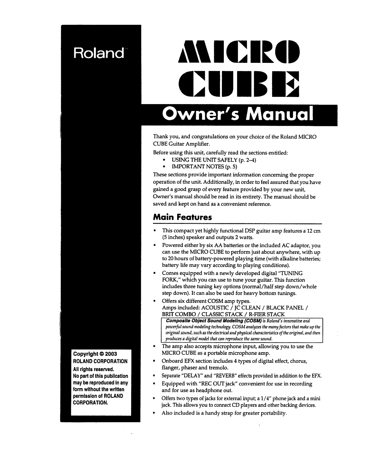 Roland Corporation MICRO CUBE Owner's Manual