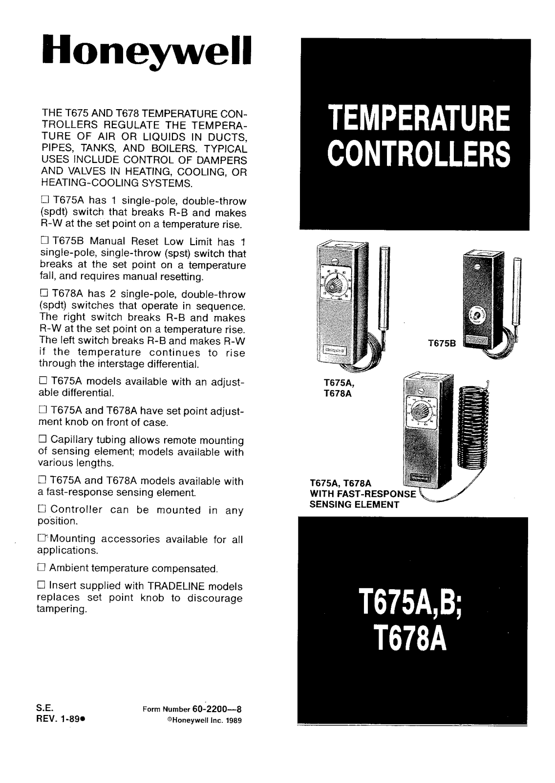 Honeywell T675A, T675B, T678A Data Sheet