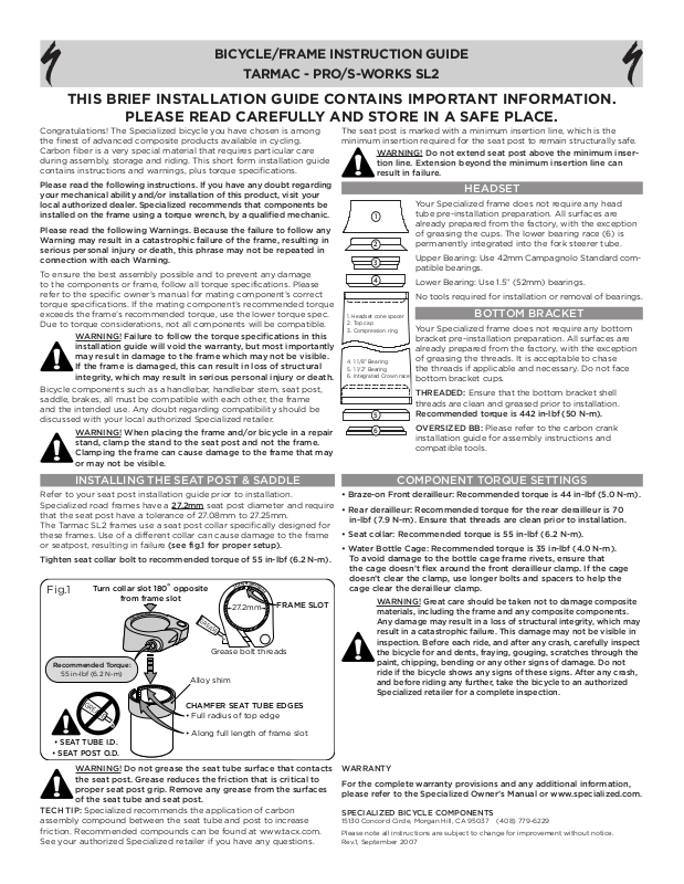 Specialized TARMAC PRO, SWORKS SL2 User Manual
