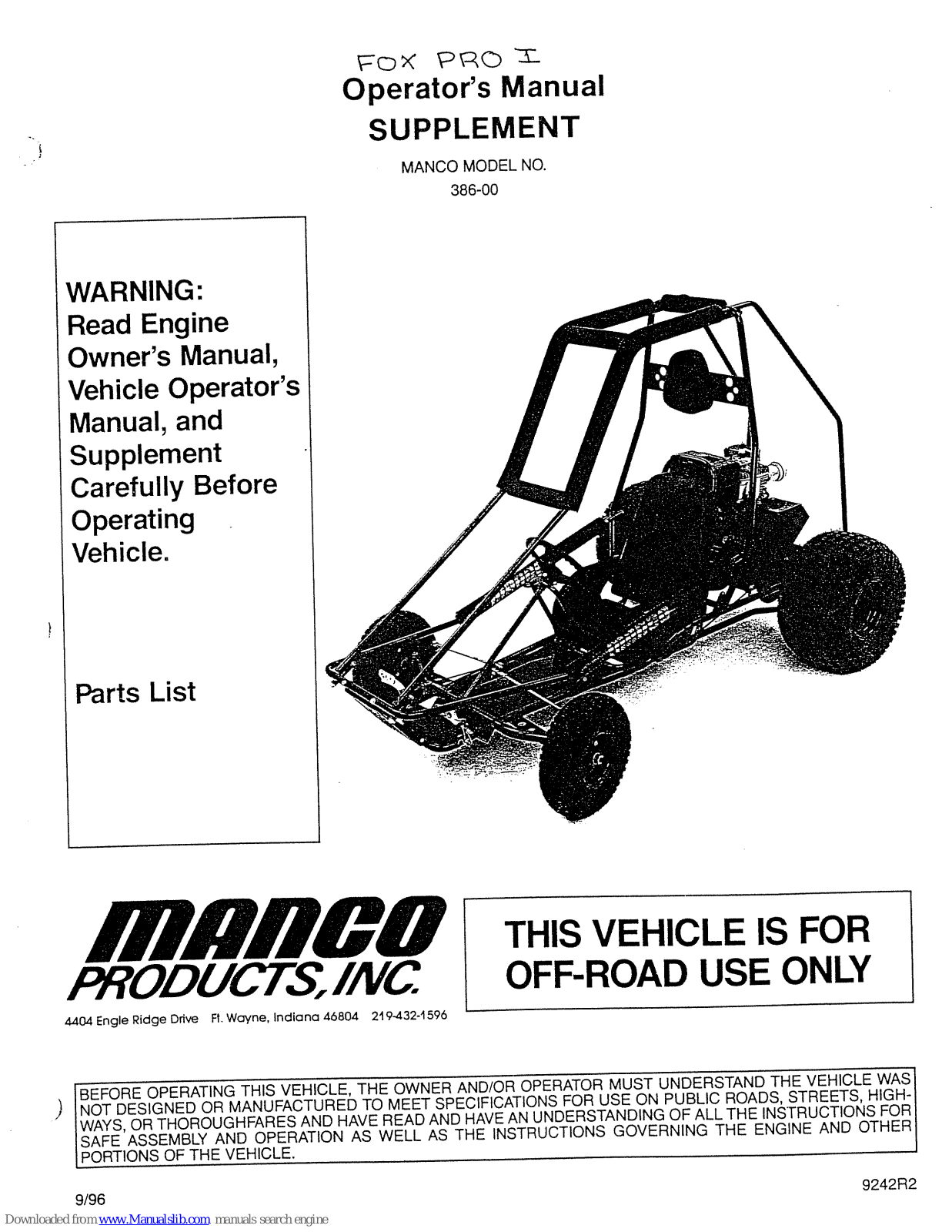 MANCO 386-00 Operator's Manual Supplement