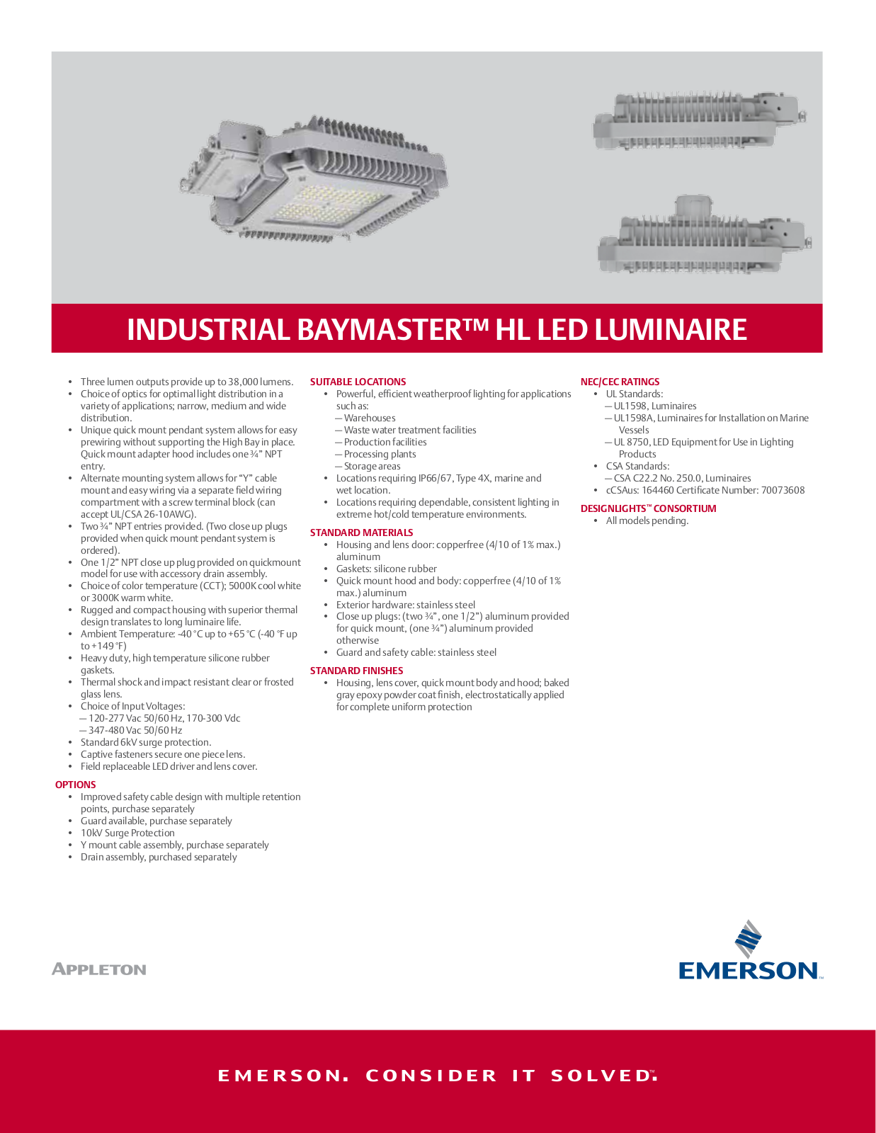 Appleton Industrial baymaster™ hl LED luminaire Data Sheet